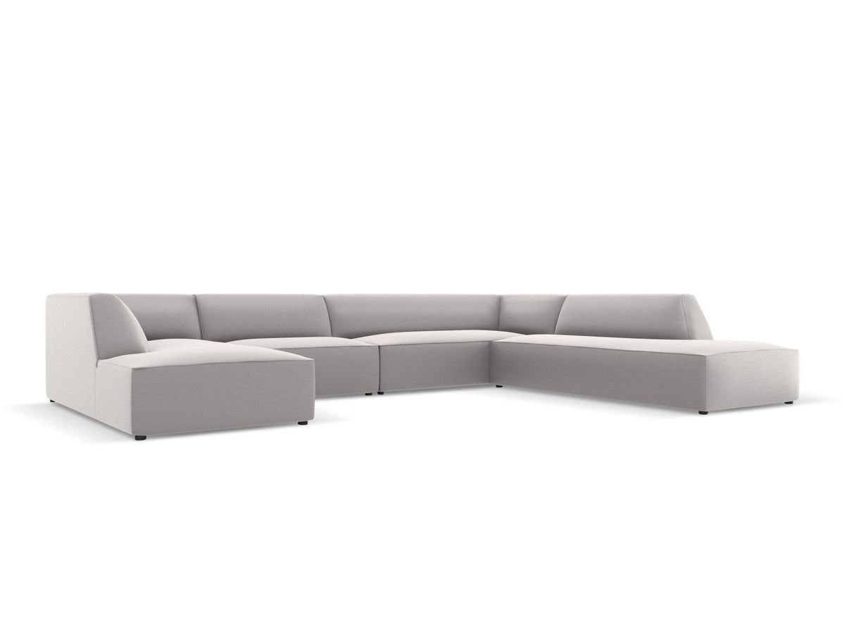 Modulares Panorama-Ecksofa rechts der Serie Siena von Cosmopolitan Design mit Kunstlederbezug Pacifico Cream, schwarzen Kunststoffbeinen und Récamiere.