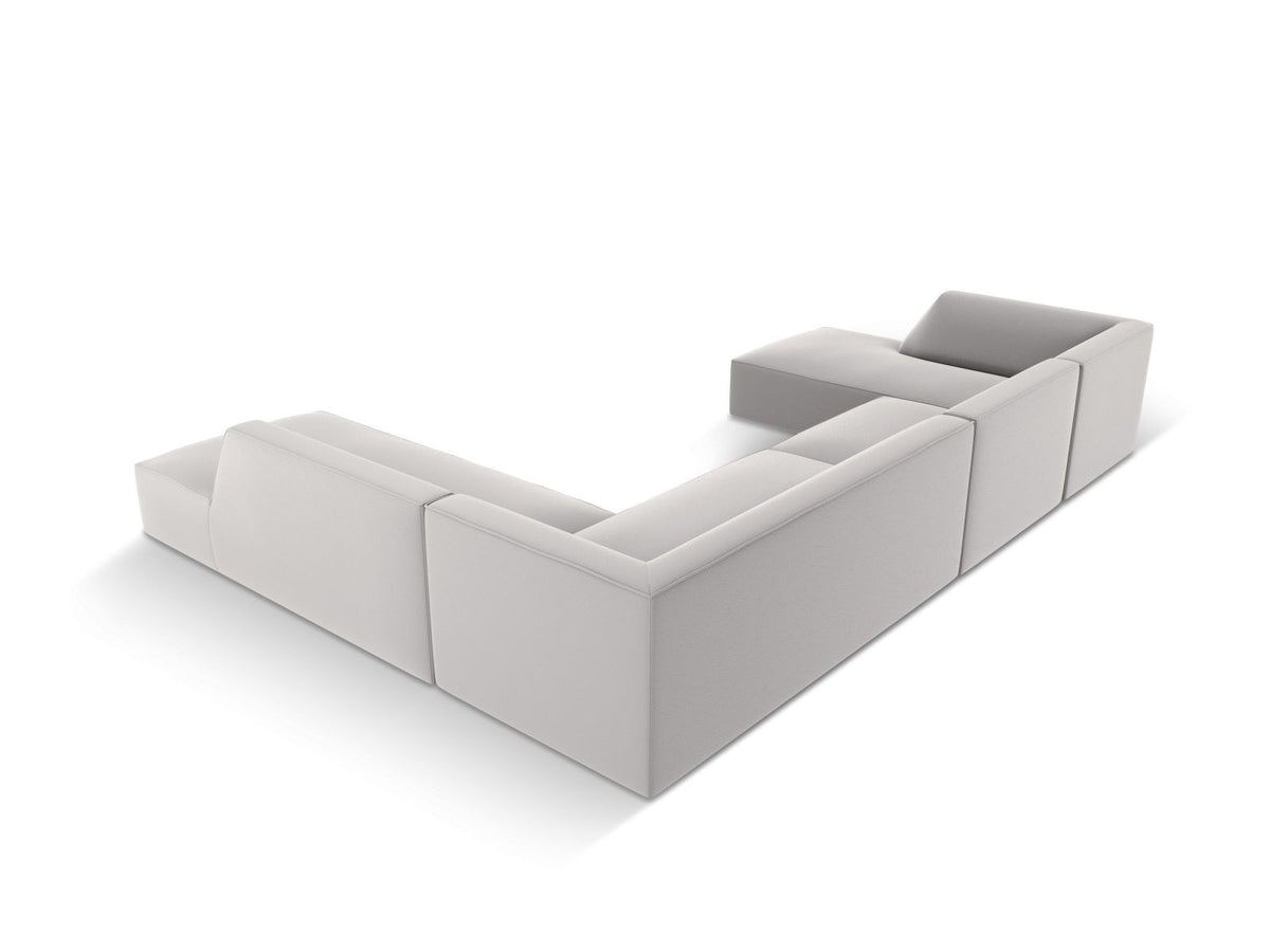 Modulares Panorama-Ecksofa rechts der Serie Siena von Cosmopolitan Design mit Kunstlederbezug Pacifico Cream, schwarzen Kunststoffbeinen und Récamiere.