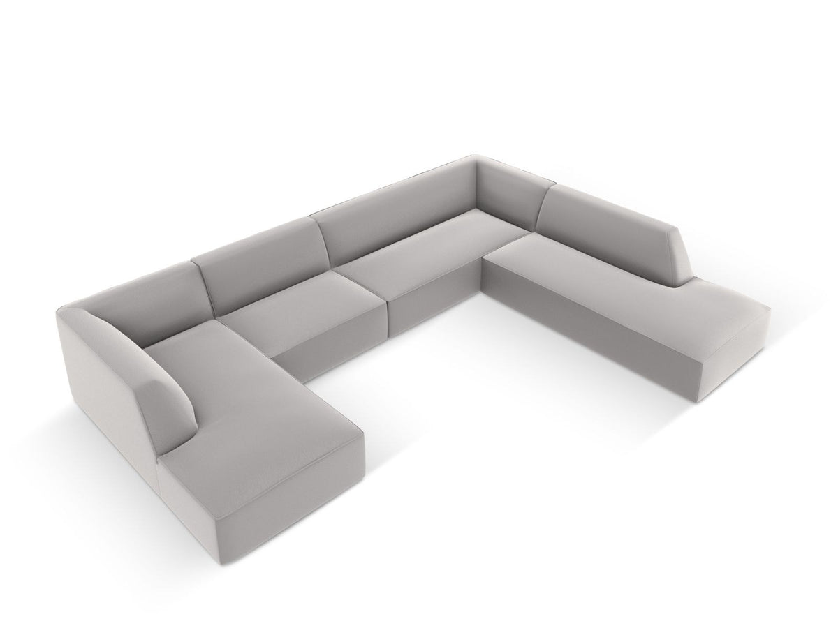 Modulares Panorama-Ecksofa rechts der Serie Siena von Cosmopolitan Design mit Kunstlederbezug Pacifico Cream, schwarzen Kunststoffbeinen und Récamiere.