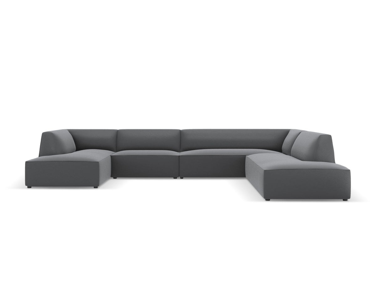 Modulares Panorama-Ecksofa rechts der Serie Siena von Cosmopolitan Design mit Kunstlederbezug Pacifico Cream, schwarzen Kunststoffbeinen und Récamiere.