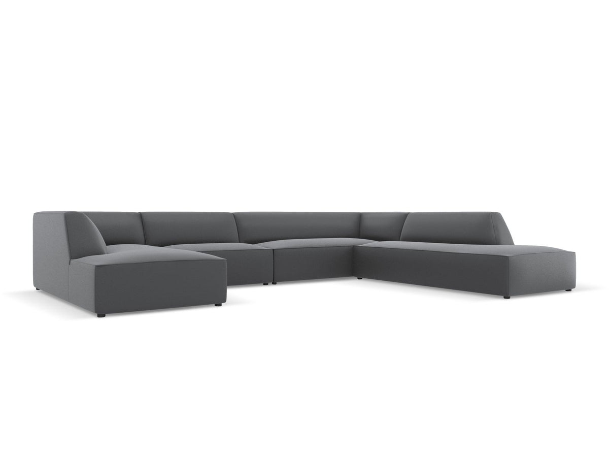 Modulares Panorama-Ecksofa rechts der Serie Siena von Cosmopolitan Design mit Kunstlederbezug Pacifico Cream, schwarzen Kunststoffbeinen und Récamiere.