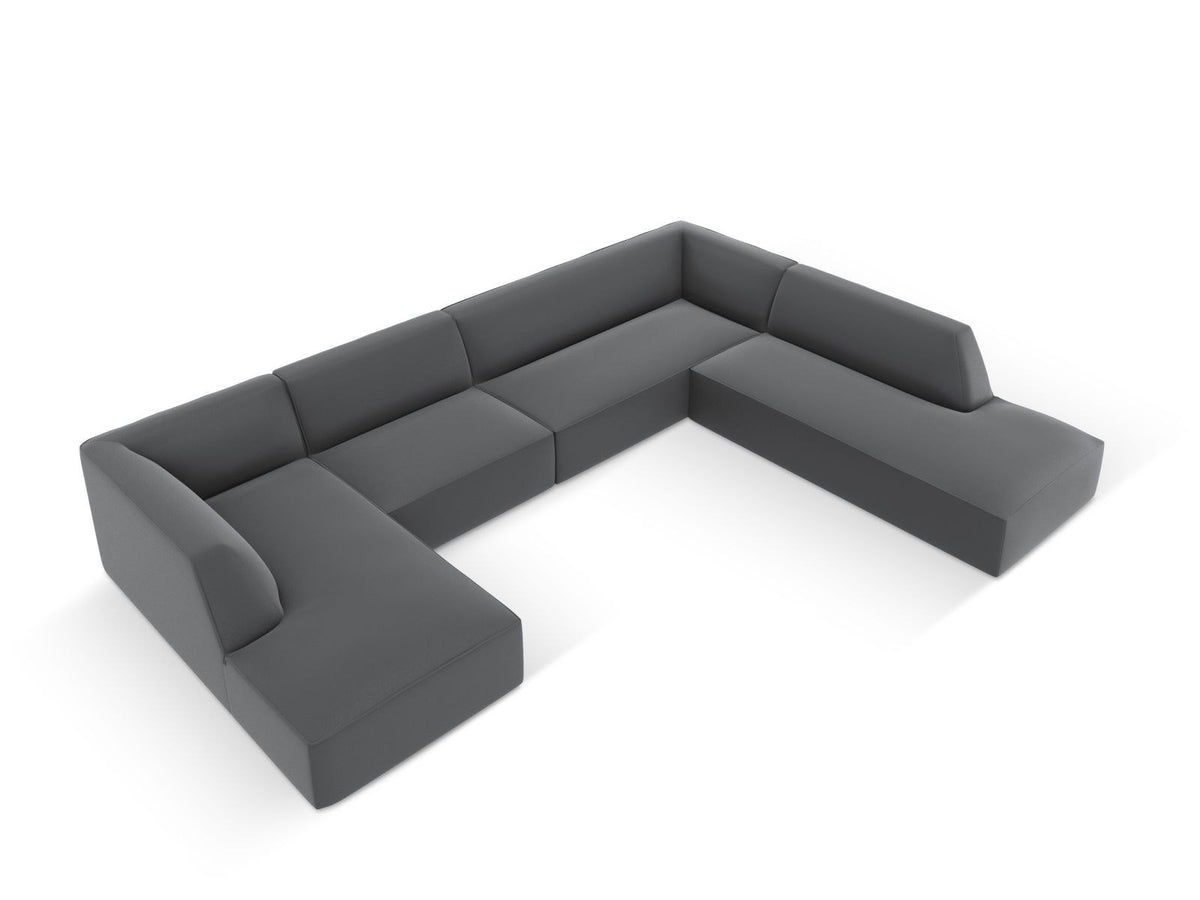Modulares Panorama-Ecksofa rechts der Serie Siena von Cosmopolitan Design mit Kunstlederbezug Pacifico Cream, schwarzen Kunststoffbeinen und Récamiere.