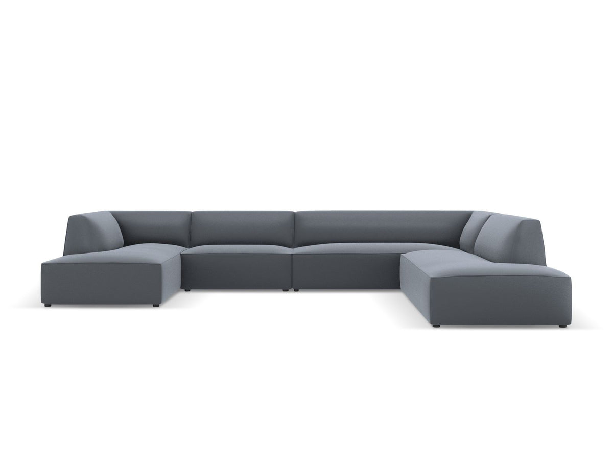 Modulares Panorama-Ecksofa rechts der Serie Siena von Cosmopolitan Design mit Kunstlederbezug Pacifico Cream, schwarzen Kunststoffbeinen und Récamiere.