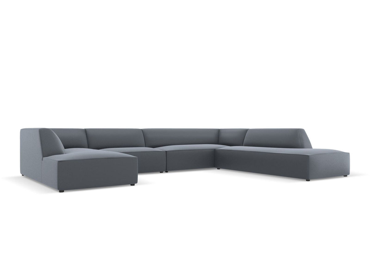 Modulares Panorama-Ecksofa rechts der Serie Siena von Cosmopolitan Design mit Kunstlederbezug Pacifico Cream, schwarzen Kunststoffbeinen und Récamiere.