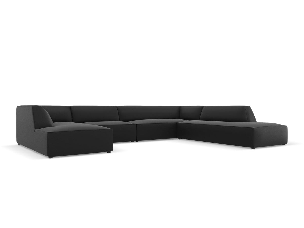 Modulares Panorama-Ecksofa rechts der Serie Siena von Cosmopolitan Design mit Kunstlederbezug Pacifico Cream, schwarzen Kunststoffbeinen und Récamiere.