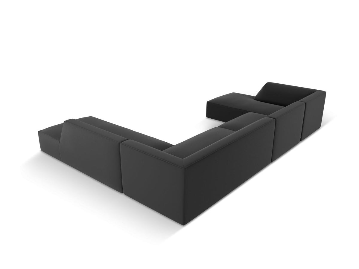Modulares Panorama-Ecksofa rechts der Serie Siena von Cosmopolitan Design mit Kunstlederbezug Pacifico Cream, schwarzen Kunststoffbeinen und Récamiere.