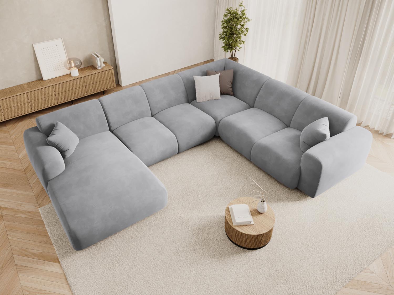 Elegantes Nolio Velour Panoramic Ecksofa in Hellgrau, 6-Sitzer, 252 cm, ideal für stilvolle Wohnräume, präsentiert von Cosmopolitan Design.