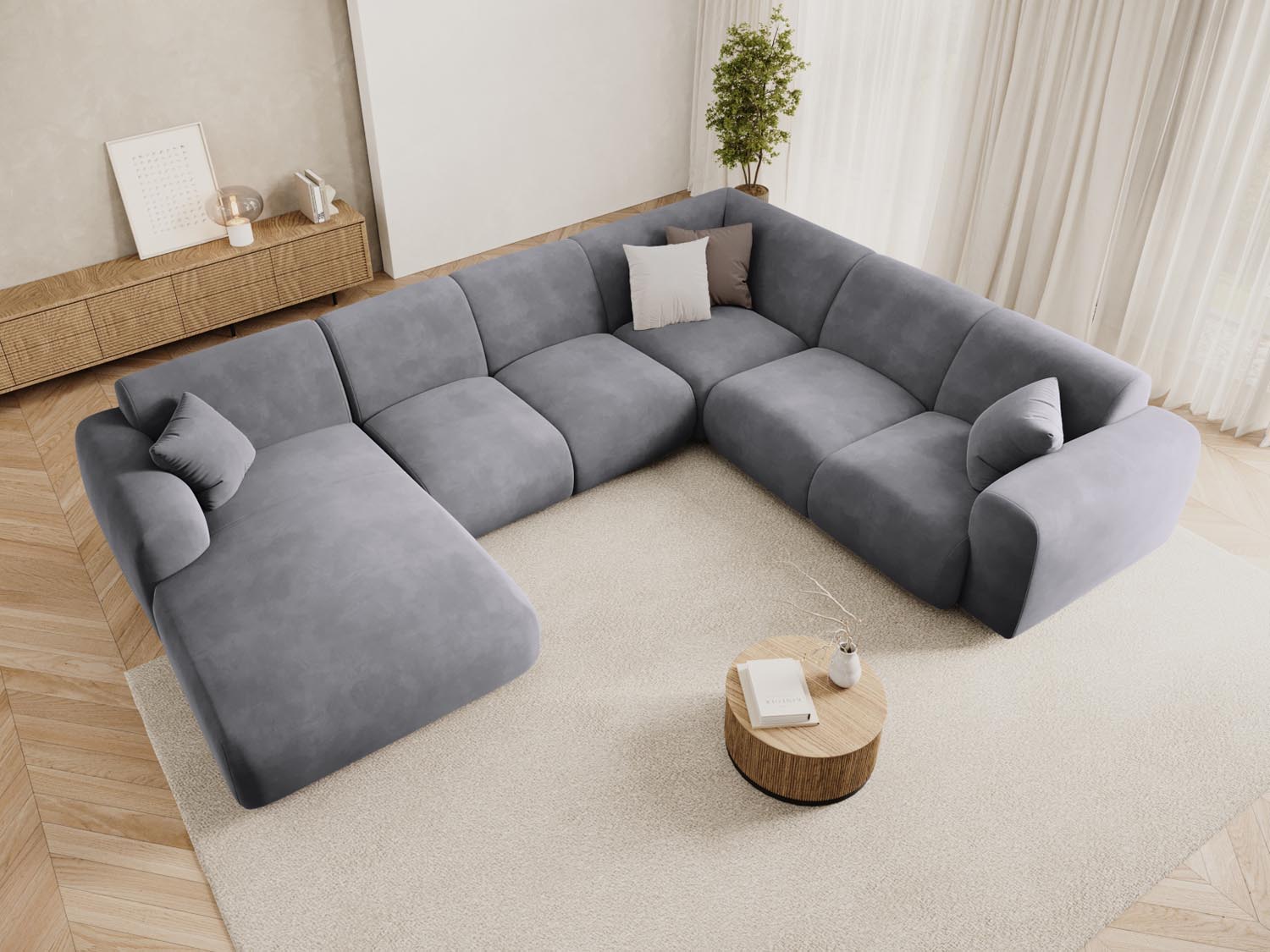 Elegantes Nolio Velour Panoramic Ecksofa in Dunkelgrau, 6-Sitzer, ideal für stilvolle Wohnräume, präsentiert in modernem Ambiente.