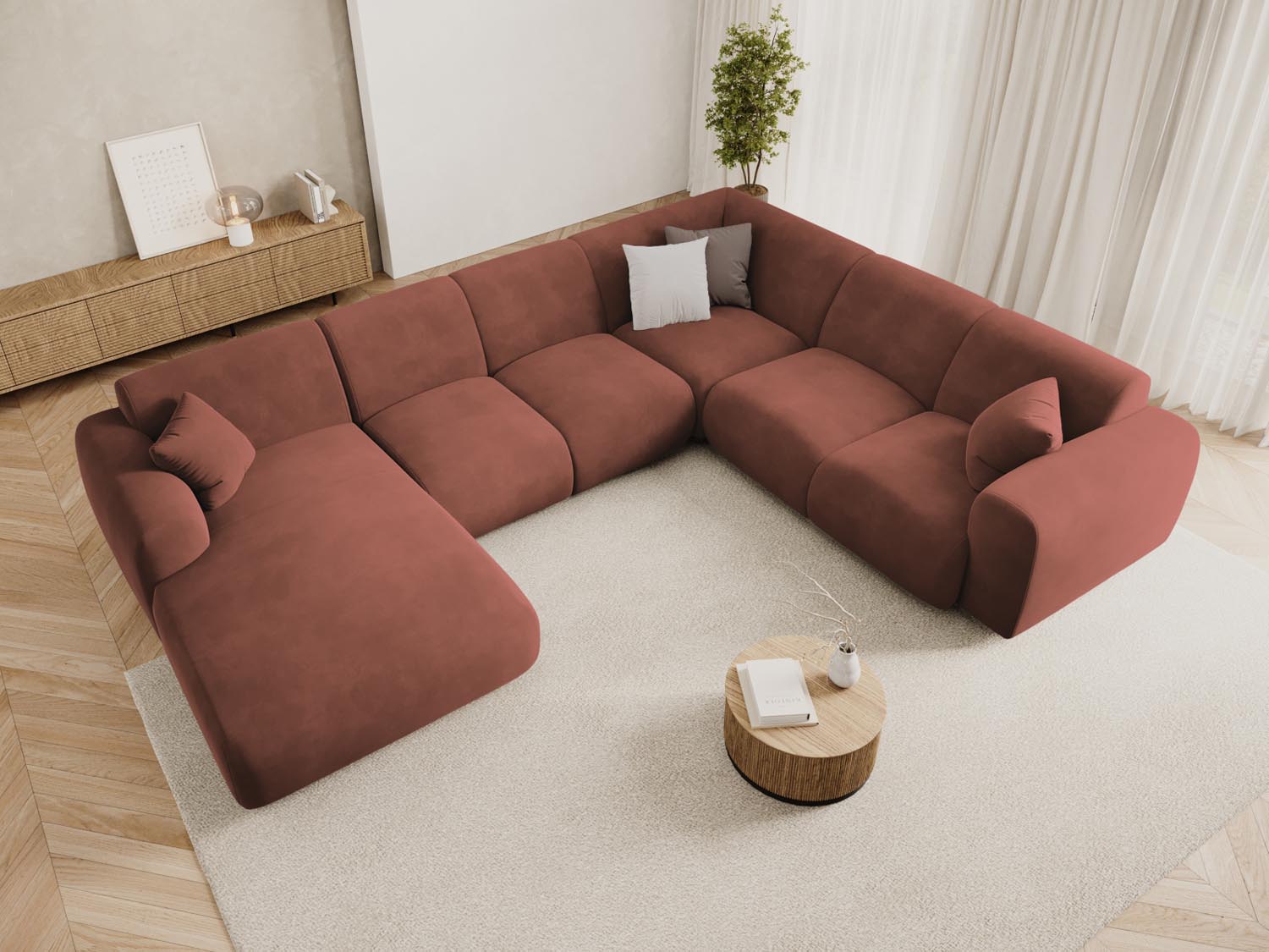Elegantes Nolio Velour Panoramic Ecksofa rechts, 6 Sitzer, 252 cm, in stilvollem Cuoio-Casino, ideal für moderne Wohnräume.