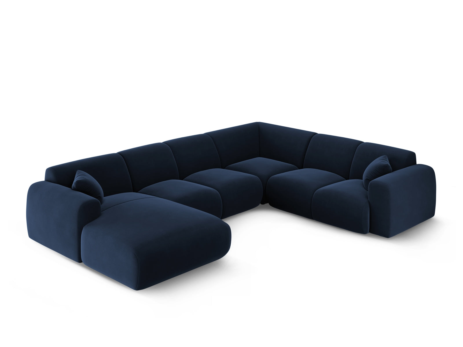 Modernes Nolio Velour Panoramic Ecksofa in Royal Blue, 6-Sitzer, 252 cm, perfekt für gemütliche und stilvolle Wohnzimmer von Cosmopolitan Design.
