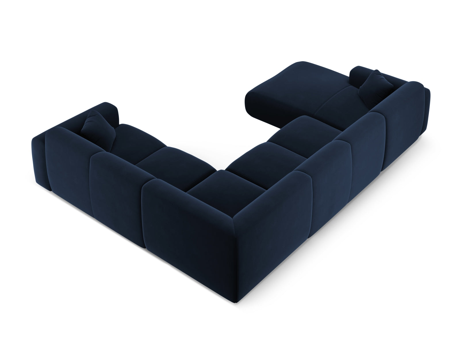 Elegantes Nolio Velour Panoramic Ecksofa in Royal Blue, 6-Sitzer, 252 cm, ideal für stilvolle Wohnräume von Cosmopolitan Design.