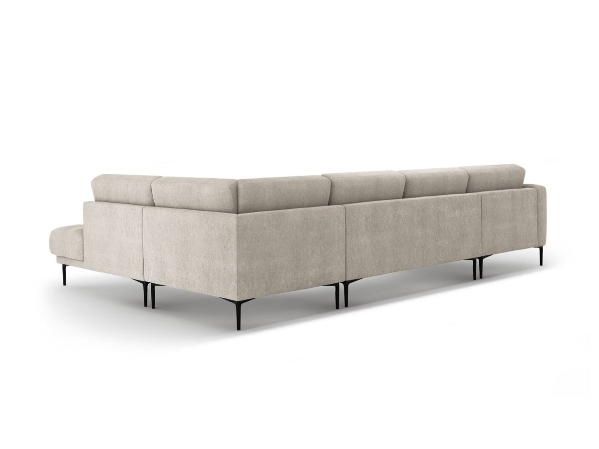 Beige-Sorella Ecksofa Lazio rechts mit Récamiere, Tweed-Stoffbezug, schwarzen Metallbeinen und breiter Sitzfläche für sieben Personen