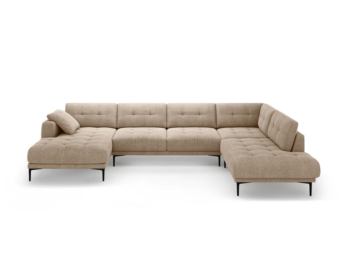 Beige-Sorella Ecksofa Lazio rechts mit Récamiere, Tweed-Stoffbezug, schwarzen Metallbeinen und breiter Sitzfläche für sieben Personen