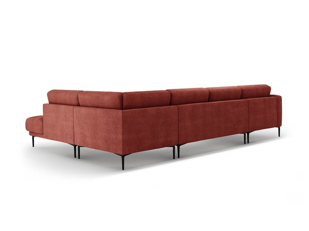 Beige-Sorella Ecksofa Lazio rechts mit Récamiere, Tweed-Stoffbezug, schwarzen Metallbeinen und breiter Sitzfläche für sieben Personen