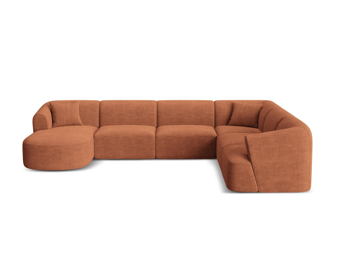 Modulares Ecksofa Campi mit Récamière rechts, Stoffbezug und schwarzen Beinen