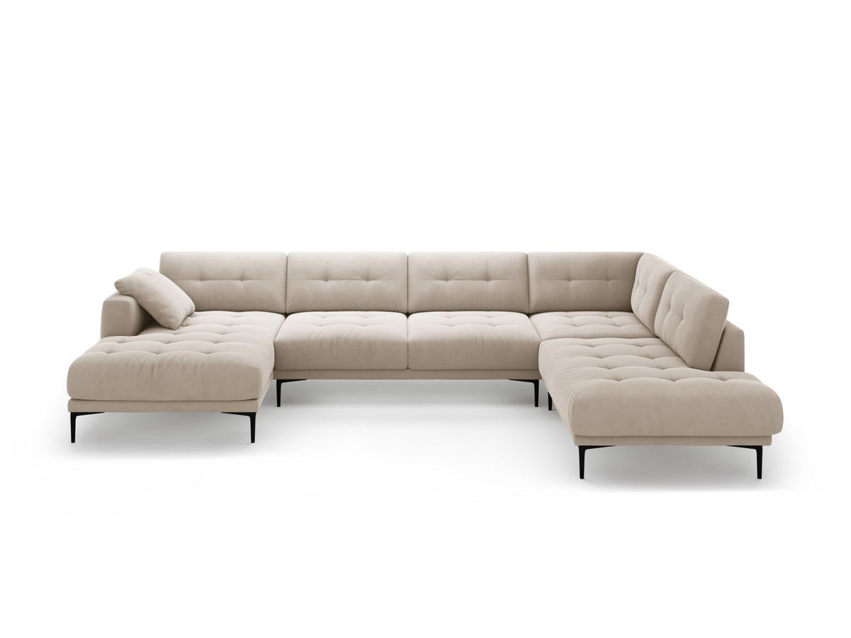 Cosmopolitan Design Lazio Panorama-Ecksofa rechts in Beige-Salvador Samt mit schwarzen Metallbeinen und Récamiere, 7-Sitzer Ausführung.