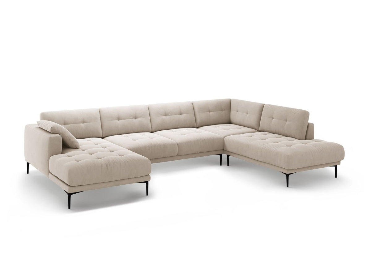 Cosmopolitan Design Lazio Panorama-Ecksofa rechts in Beige-Salvador Samt mit schwarzen Metallbeinen und Récamiere, 7-Sitzer Ausführung.
