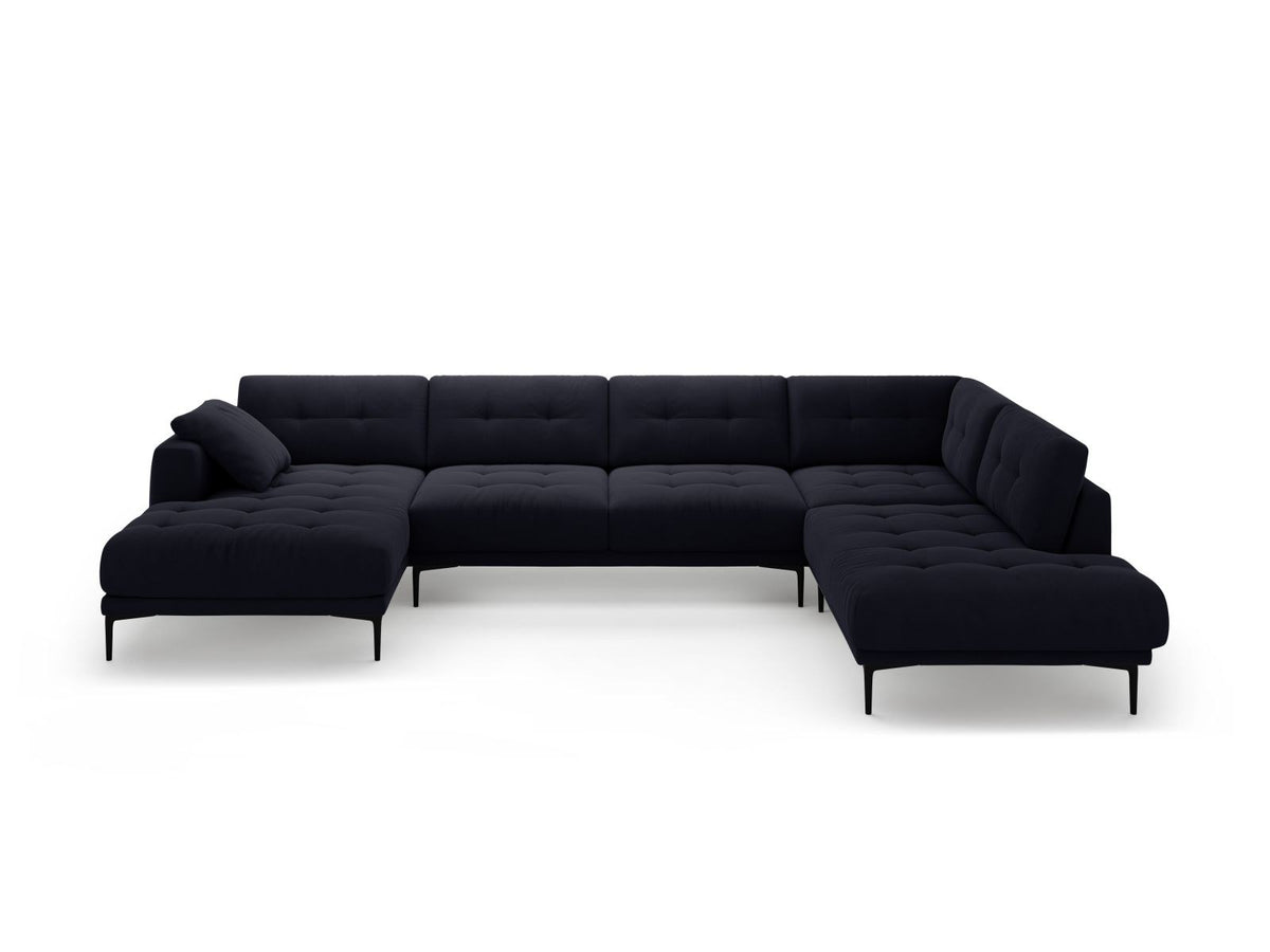Cosmopolitan Design Lazio Panorama-Ecksofa rechts in Beige-Salvador Samt mit schwarzen Metallbeinen und Récamiere, 7-Sitzer Ausführung.