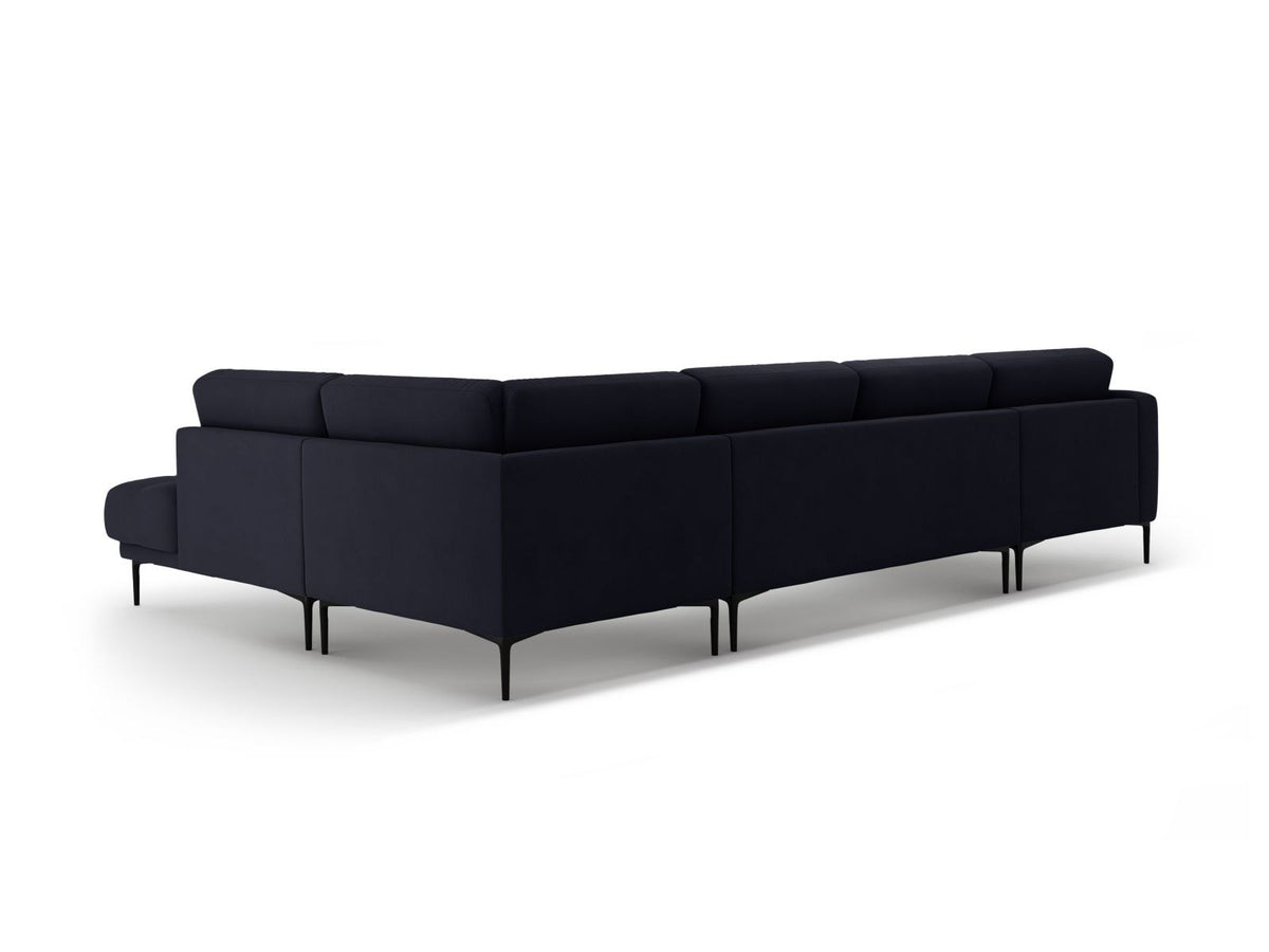 Cosmopolitan Design Lazio Panorama-Ecksofa rechts in Beige-Salvador Samt mit schwarzen Metallbeinen und Récamiere, 7-Sitzer Ausführung.