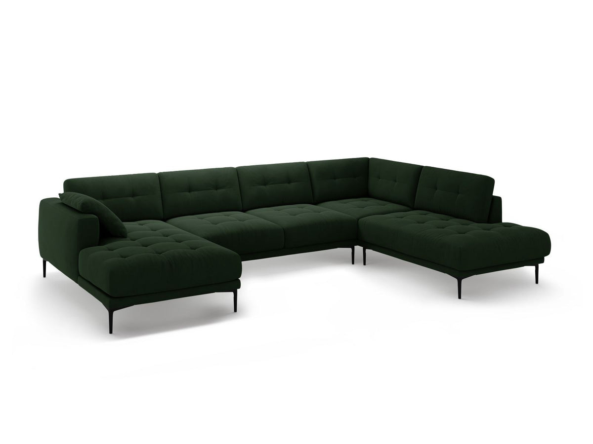 Cosmopolitan Design Lazio Panorama-Ecksofa rechts in Beige-Salvador Samt mit schwarzen Metallbeinen und Récamiere, 7-Sitzer Ausführung.