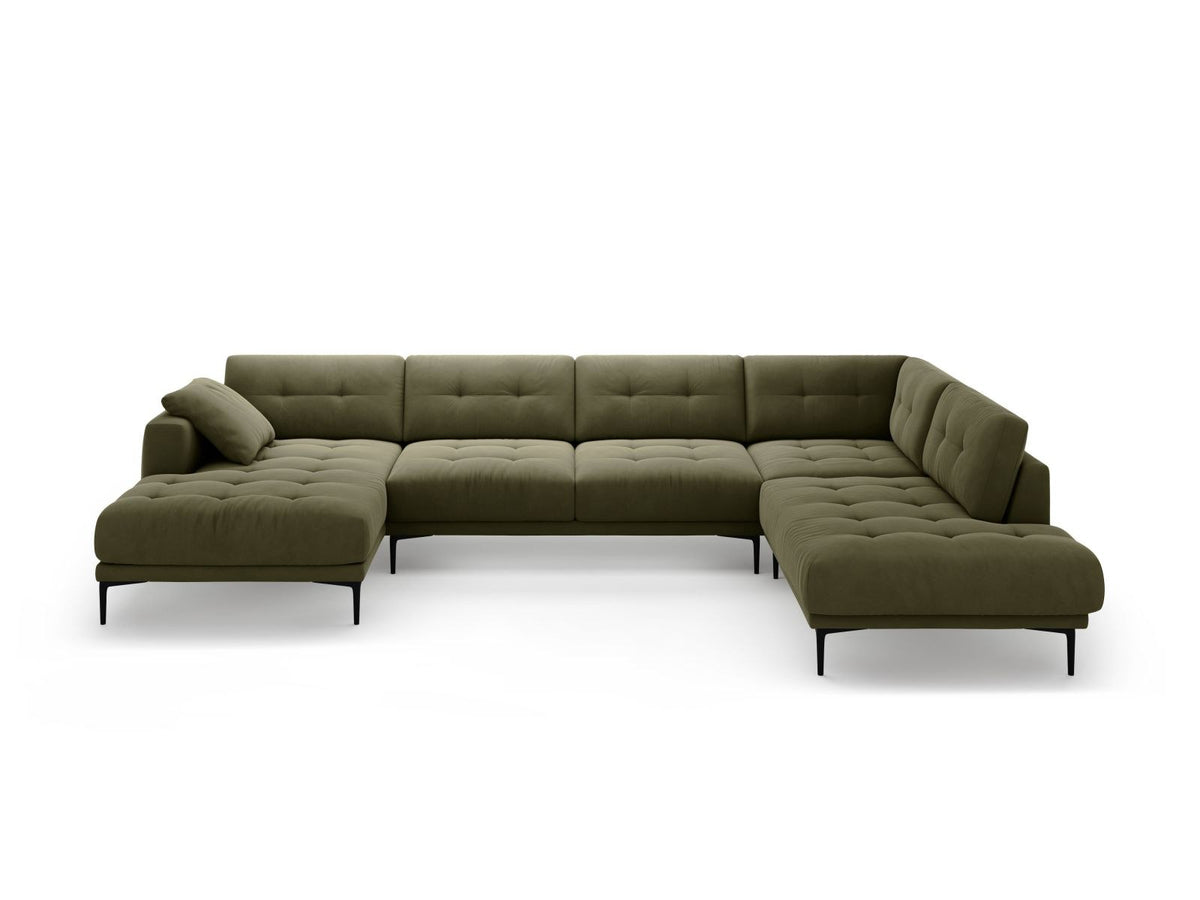 Cosmopolitan Design Lazio Panorama-Ecksofa rechts in Beige-Salvador Samt mit schwarzen Metallbeinen und Récamiere, 7-Sitzer Ausführung.