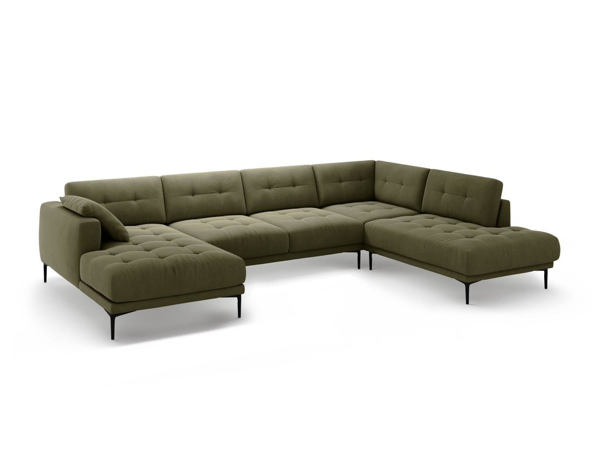 Cosmopolitan Design Lazio Panorama-Ecksofa rechts in Beige-Salvador Samt mit schwarzen Metallbeinen und Récamiere, 7-Sitzer Ausführung.