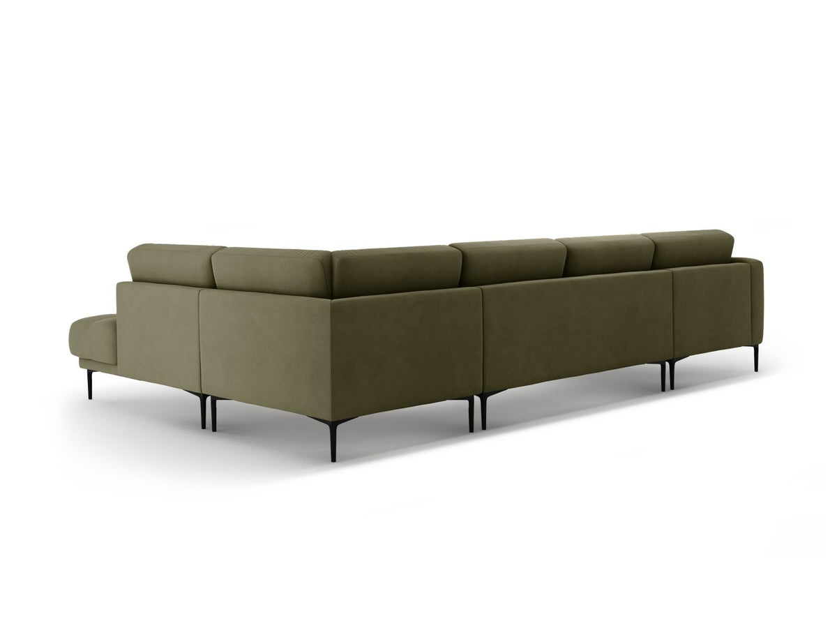 Cosmopolitan Design Lazio Panorama-Ecksofa rechts in Beige-Salvador Samt mit schwarzen Metallbeinen und Récamiere, 7-Sitzer Ausführung.