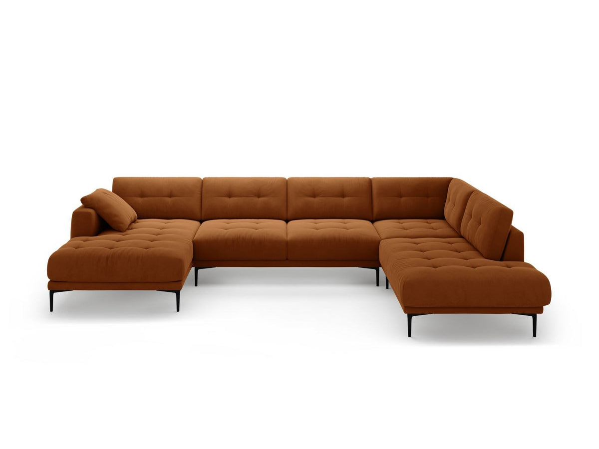Cosmopolitan Design Lazio Panorama-Ecksofa rechts in Beige-Salvador Samt mit schwarzen Metallbeinen und Récamiere, 7-Sitzer Ausführung.