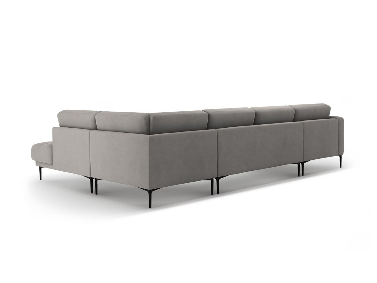 Cosmopolitan Design Lazio Panorama-Ecksofa rechts in Beige-Salvador Samt mit schwarzen Metallbeinen und Récamiere, 7-Sitzer Ausführung.