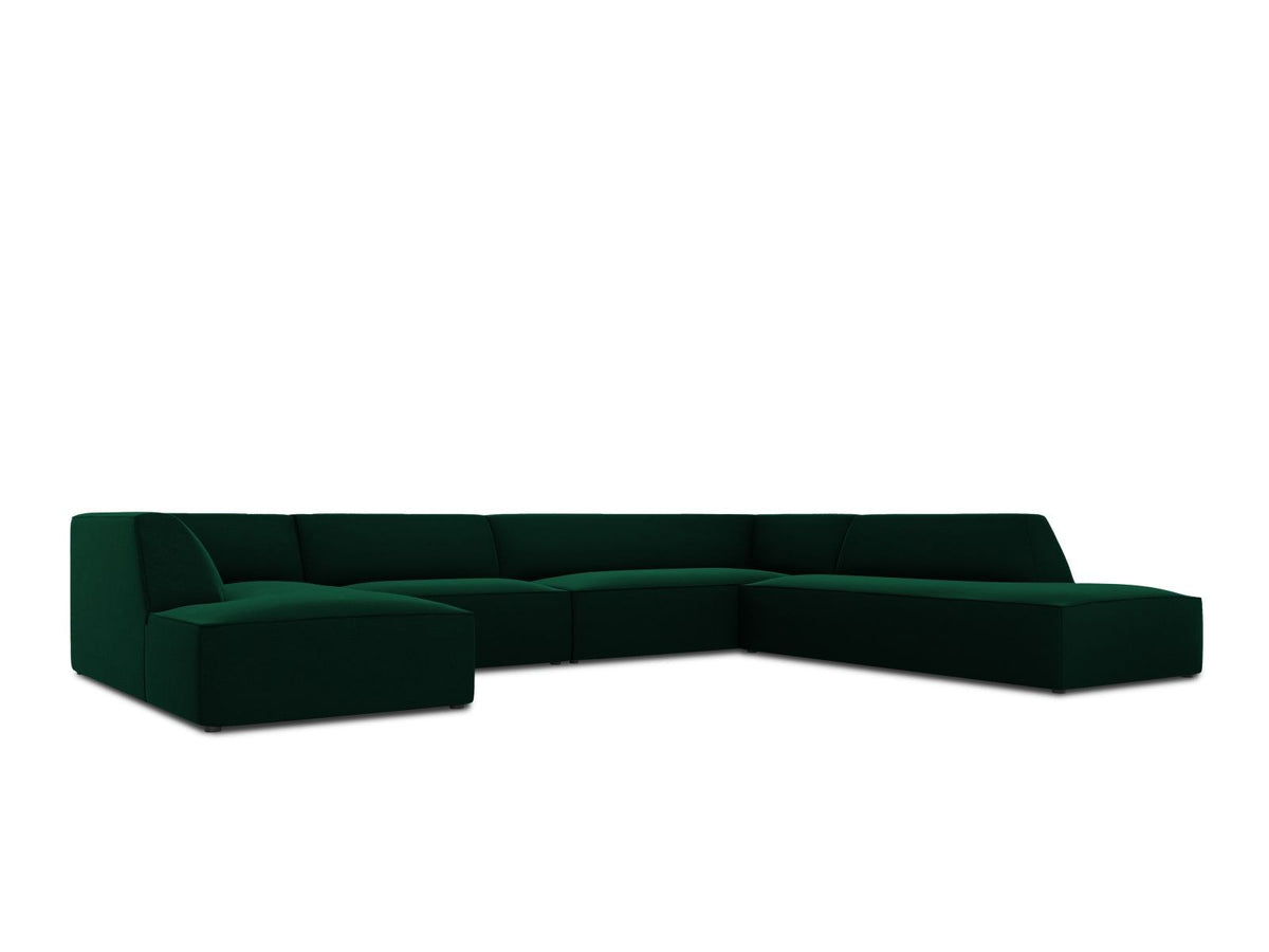 Panorama-Ecksofa rechts Siena mit Samtbezug in Bottle Green, Holzrahmen und schwarzen Kunststoffbeinen, 7 Sitzplätze, 273cm Tiefe.