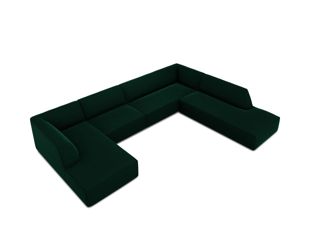 Panorama-Ecksofa rechts Siena mit Samtbezug in Bottle Green, Holzrahmen und schwarzen Kunststoffbeinen, 7 Sitzplätze, 273cm Tiefe.