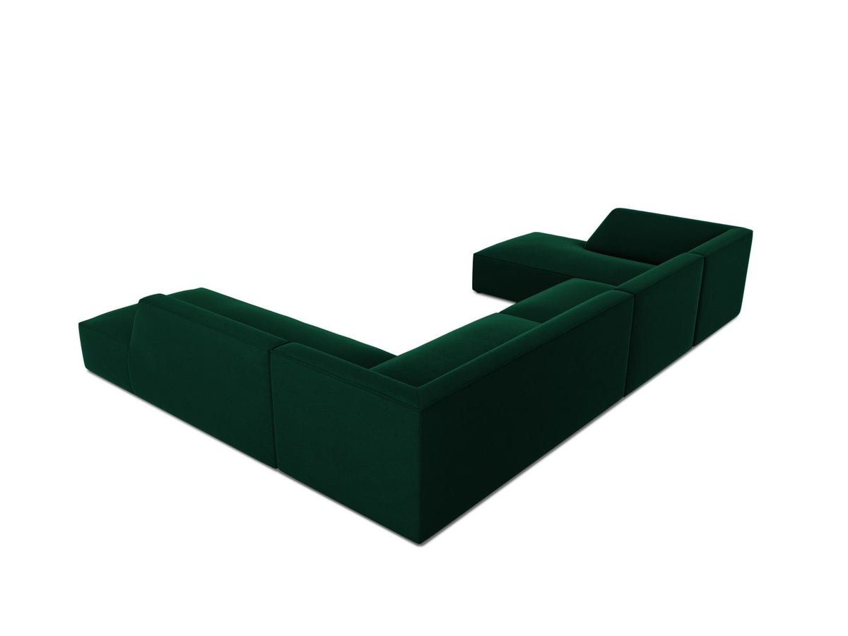 Panorama-Ecksofa rechts Siena mit Samtbezug in Bottle Green, Holzrahmen und schwarzen Kunststoffbeinen, 7 Sitzplätze, 273cm Tiefe.