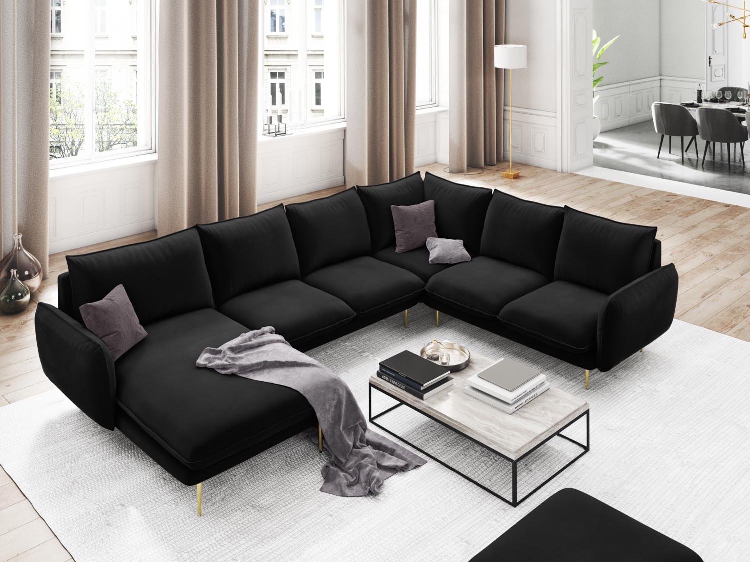 Entdecken Sie das elegante Vienna Velour Panoramic Ecksofa rechts – 7 Sitzer mit 235 cm, ideal für stilvolle Wohnzimmer und gesellige Abende.