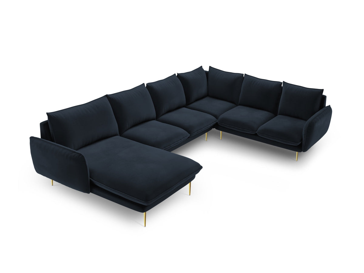 Vienna Velour Panoramic Ecksofa rechts 7 Sitzer 235cm in Dark Blue/Gold-Bluvel präsentiert im Onlineshop von KAQTU Design AG. Ecksofa rechts ist von Cosmopolitan Design