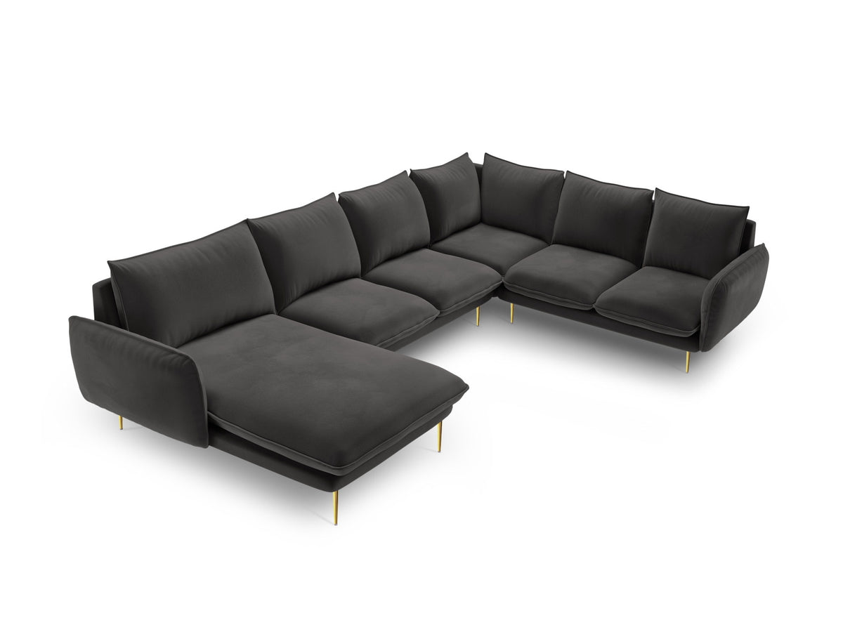Vienna Velour Panoramic Ecksofa rechts 7 Sitzer 235cm in Dark Grey/Gold-Bluvel präsentiert im Onlineshop von KAQTU Design AG. Ecksofa rechts ist von Cosmopolitan Design