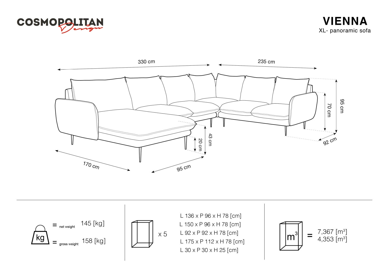 Elegantes 7-Sitzer Ecksofa Vienna in hochwertigem Velours, 235 cm, rechts, in modernem Schwarz/Gold-Bluvel, ideal für stilvolle Wohnräume.