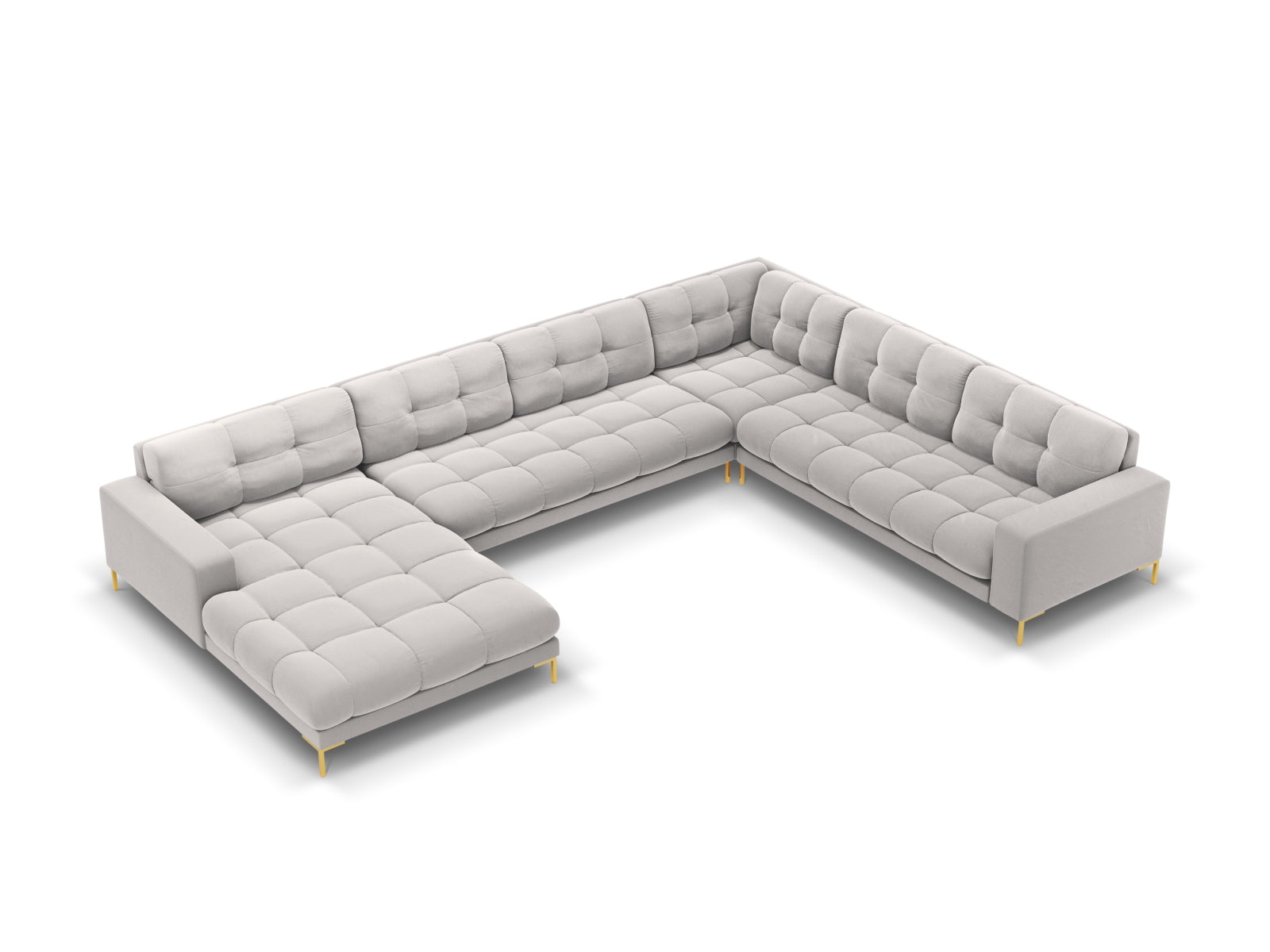 Stilvolles 7-Sitzer Panoramic Ecksofa rechts Bali in edlem Silver-Bluvel, perfekt für entspannte Stunden und ein modernes Ambiente.