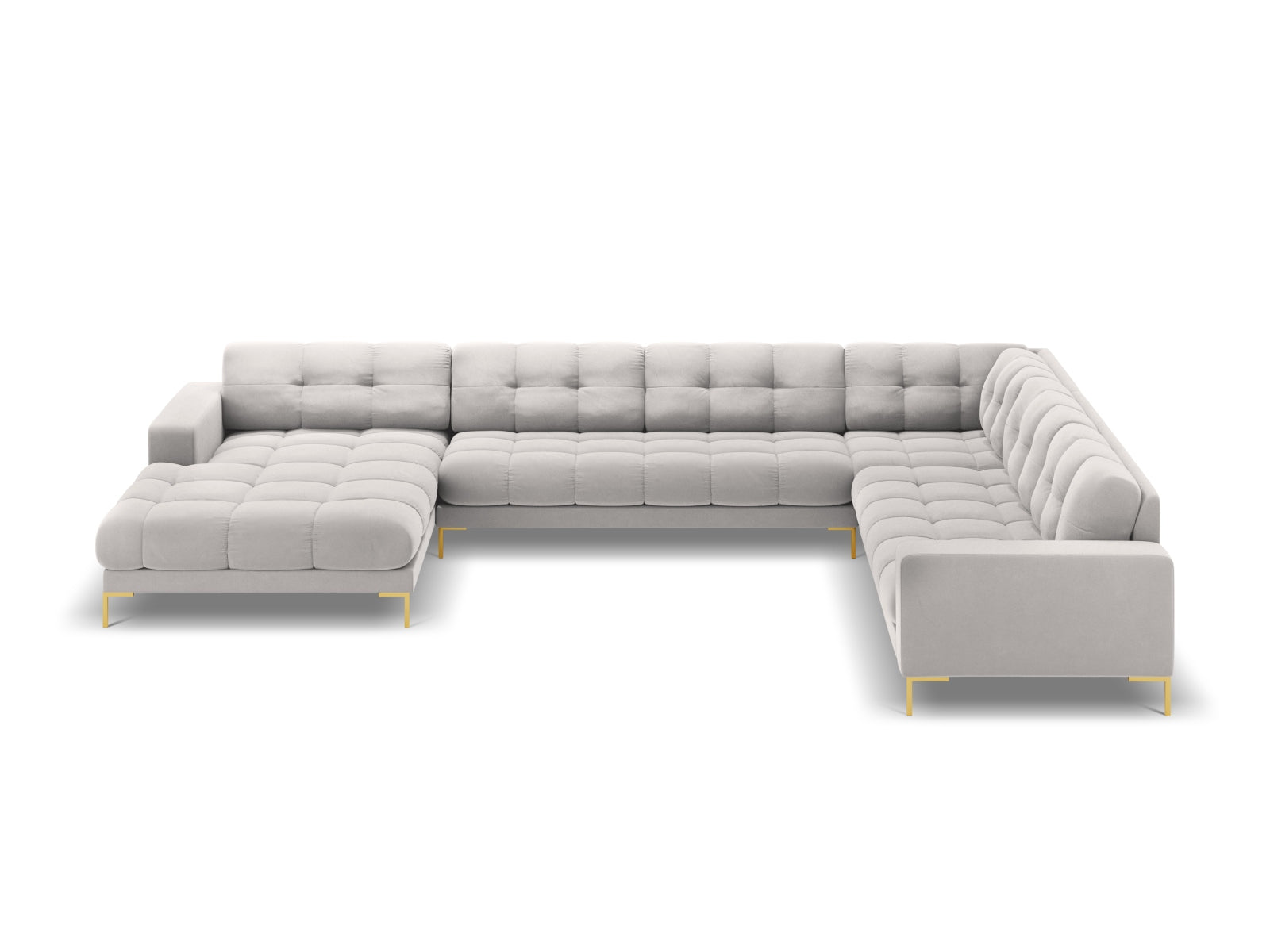 Elegantes 7-Sitzer Ecksofa rechts Bali in hochwertigem Silver-Bluvel, ideal für gesellige Abende und stilvolle Wohnräume.