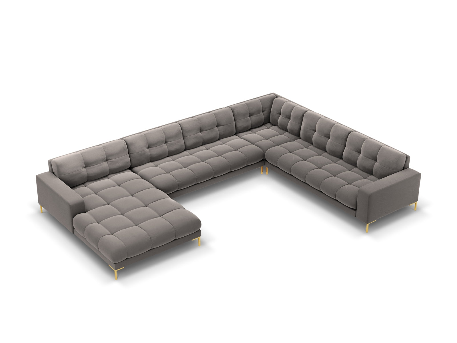 Geräumiges 7-Sitzer Ecksofa rechts Bali in modernem Grau-Bluvel, perfekt für stilvolle Wohnräume und gesellige Abende.