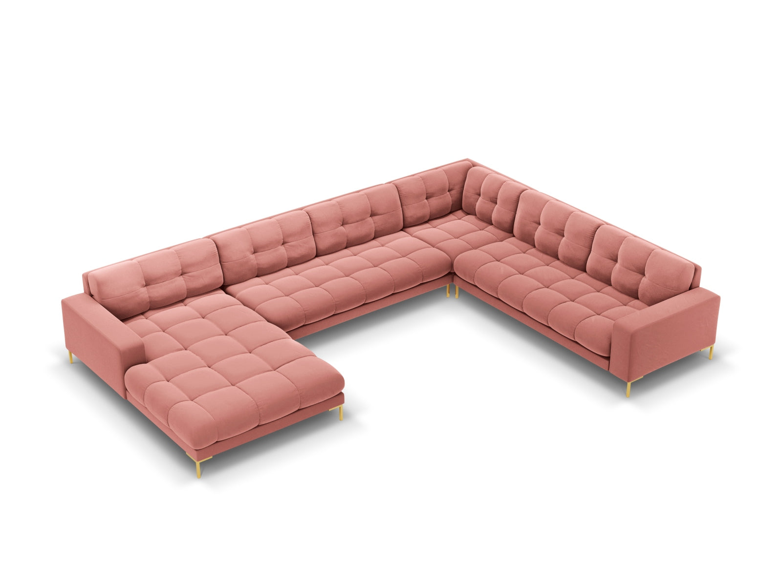 Modernes 7-Sitzer Ecksofa Bali in Pink-Bluvel, perfekt für entspannte Abende und einladende Wohnzimmergestaltung.