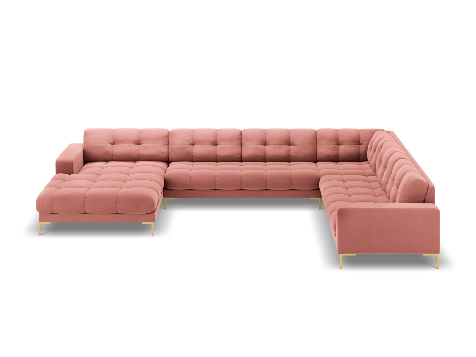 Stylisches 7-Sitzer Ecksofa Bali in Pink-Bluvel, ideal für gesellige Runden und komfortable Wohnräume.