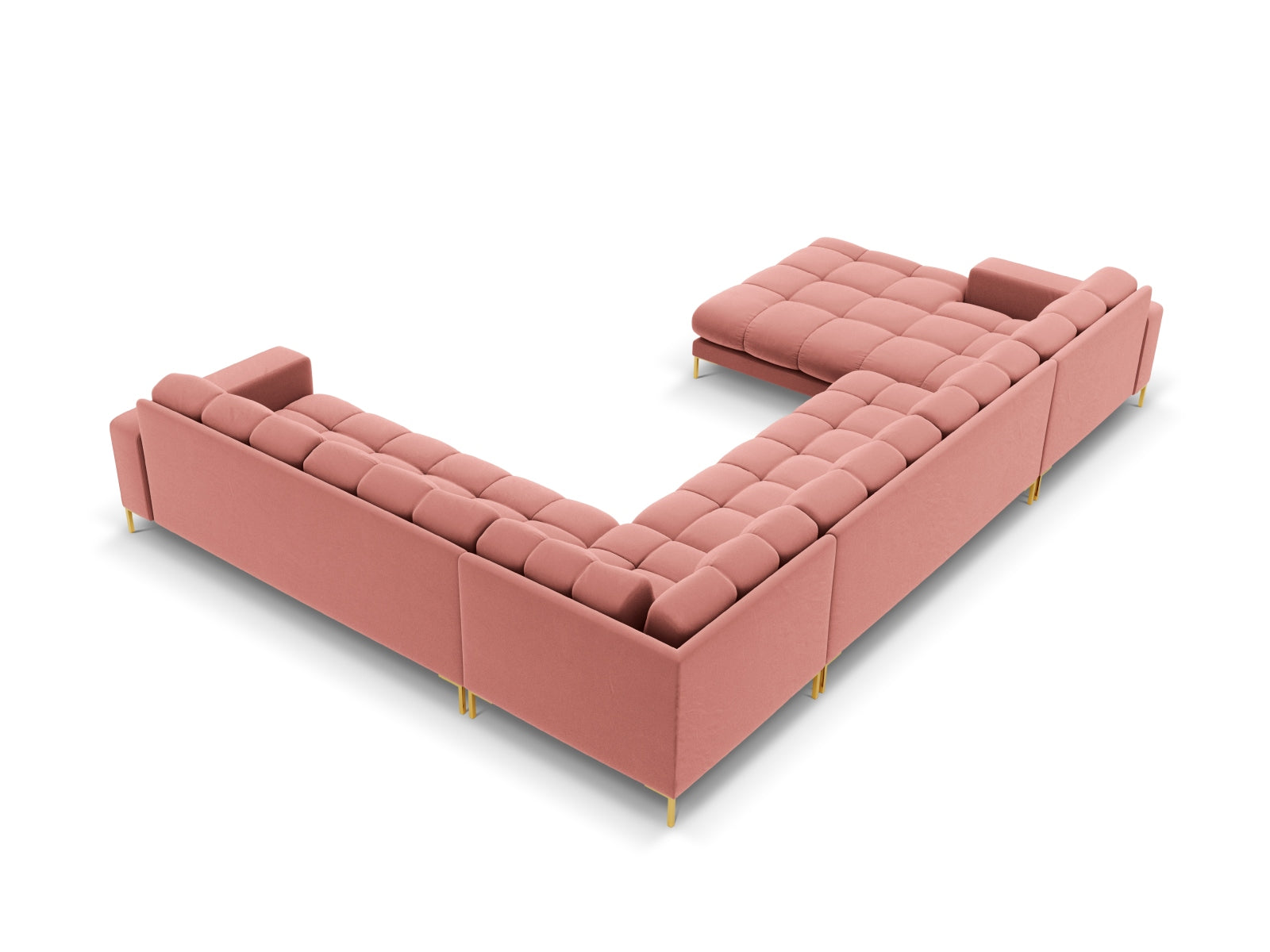 Modernes 7-Sitzer Ecksofa Bali in Pink-Bluvel, ideal für gesellige Runden und einladende Wohnräume.