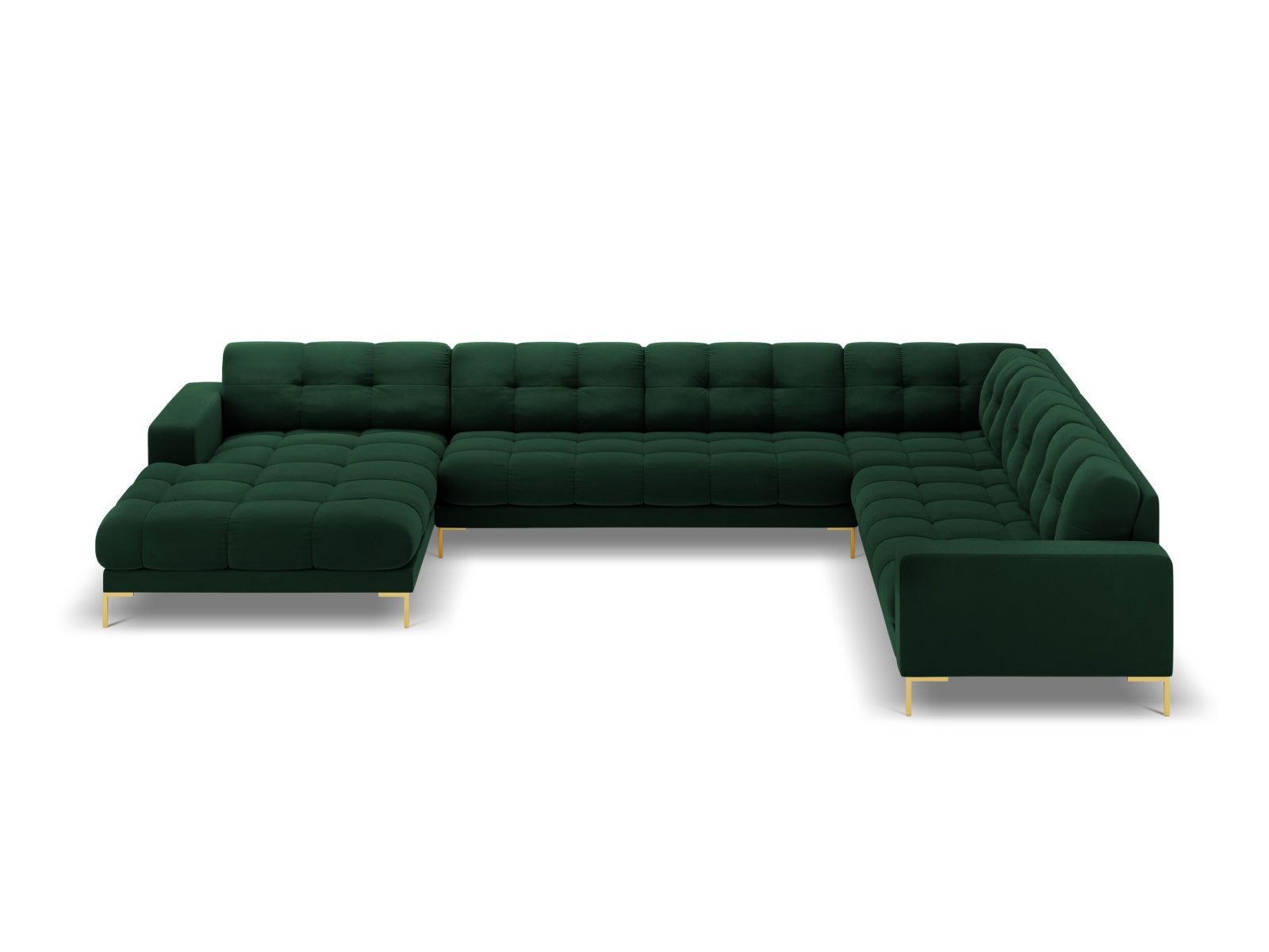 Elegantes 7-Sitzer Ecksofa Bali in luxuriösem Bottle Green-Bluvel, ideal für moderne und gemütliche Wohnräume.