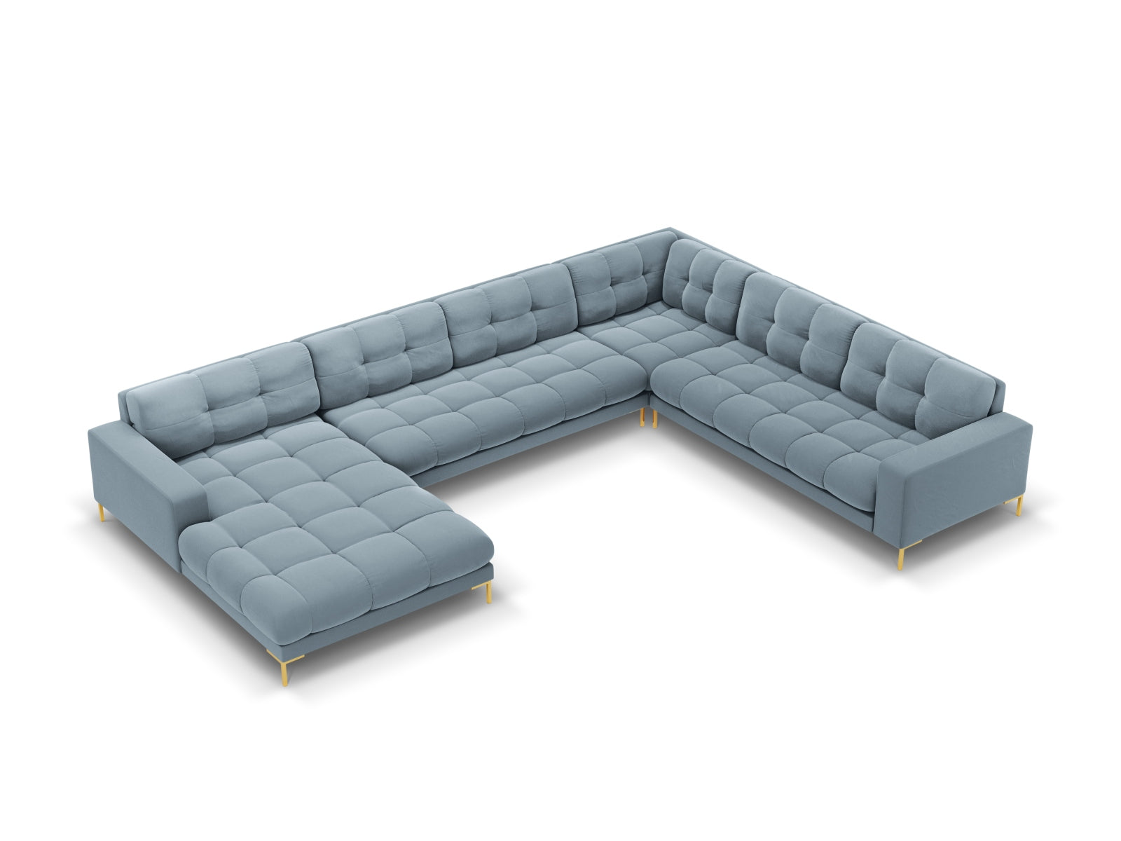 Modernes 7-Sitzer Panoramic Ecksofa Bali in zartem Hellblau, perfekt für gesellige Abende und stilvolle Einrichtungsideen.