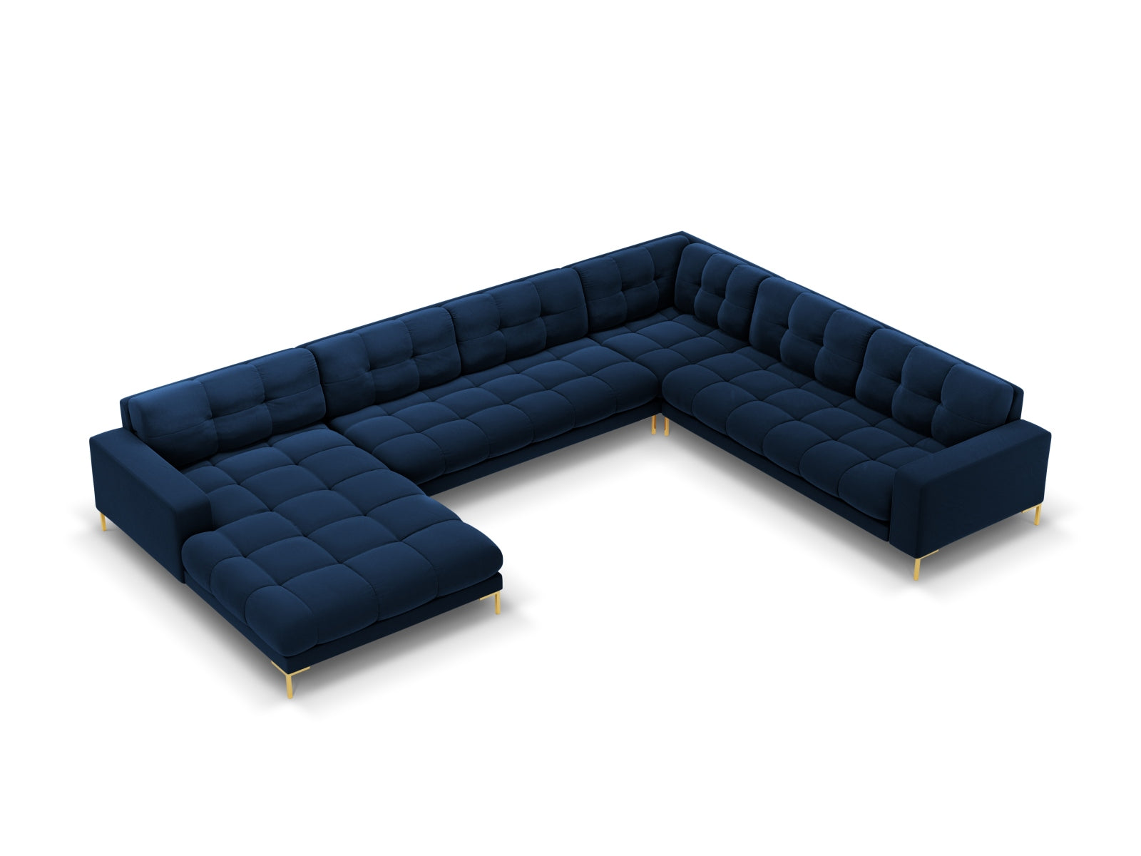 Stilvolles 7-Sitzer Panoramic Ecksofa rechts Bali in Royal Blue-Bluvel, perfekt für gesellige Runden und zeitgemäße Einrichtung.