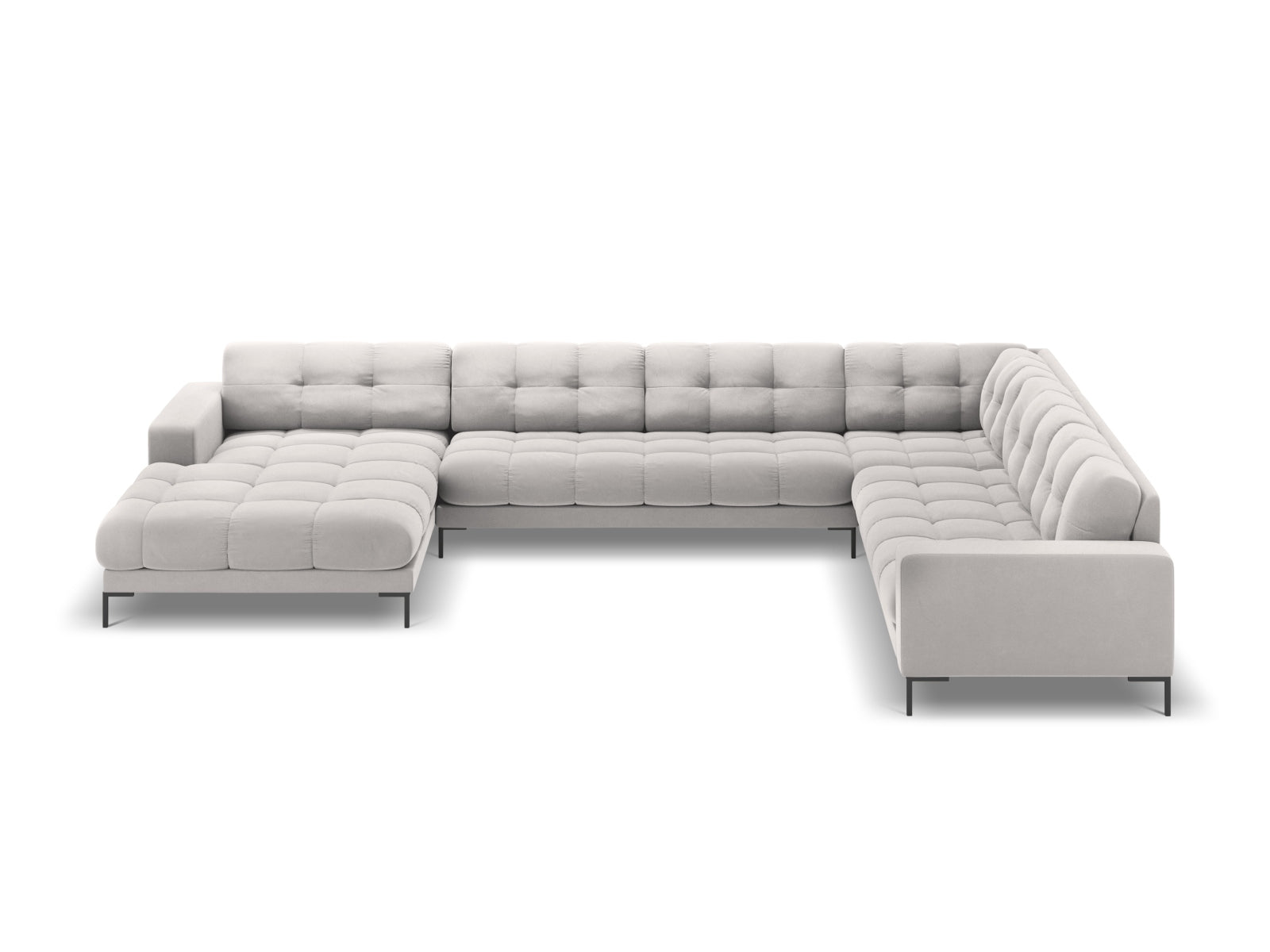 Elegantes 7-Sitzer Ecksofa rechts Bali in modernem Silver-Bluvel, ideal für stilvolle Wohnräume und gemütliche Abende.