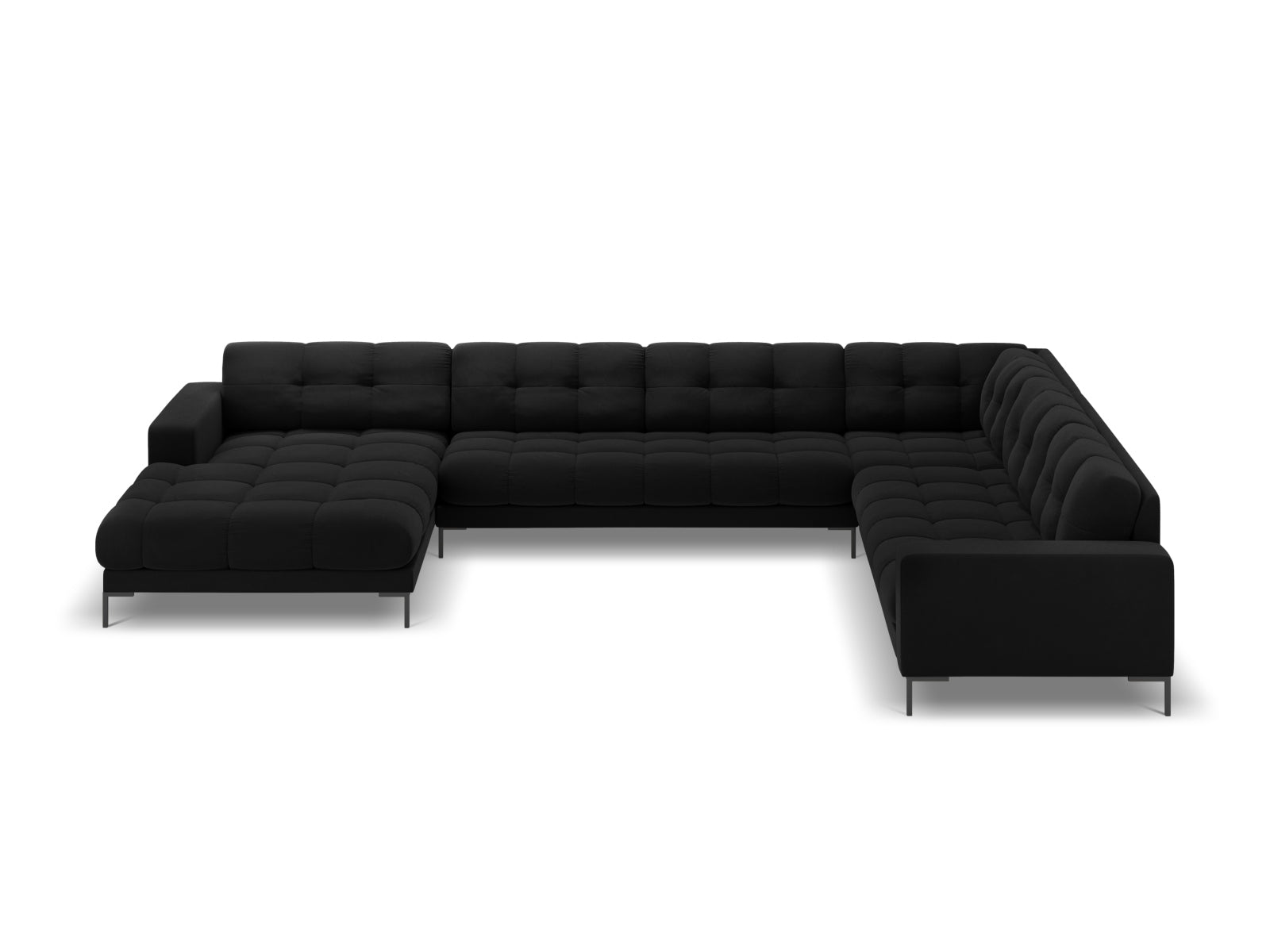 Elegantes 7-Sitzer Ecksofa rechts Bali in stilvollem Black-Bluvel, ideal für gesellige Abende und zeitgemäße Einrichtung.