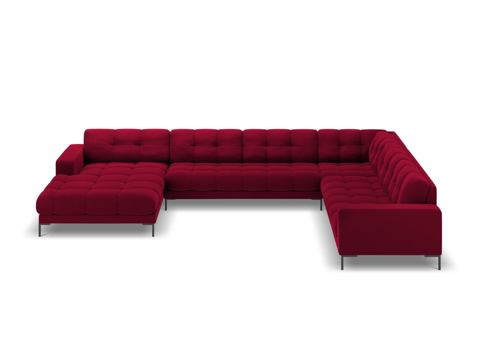 Elegantes 7-Sitzer Panoramic Ecksofa rechts Bali in stilvollem Red-Bluvel, ideal für moderne Wohnräume und gemütliche Abende.