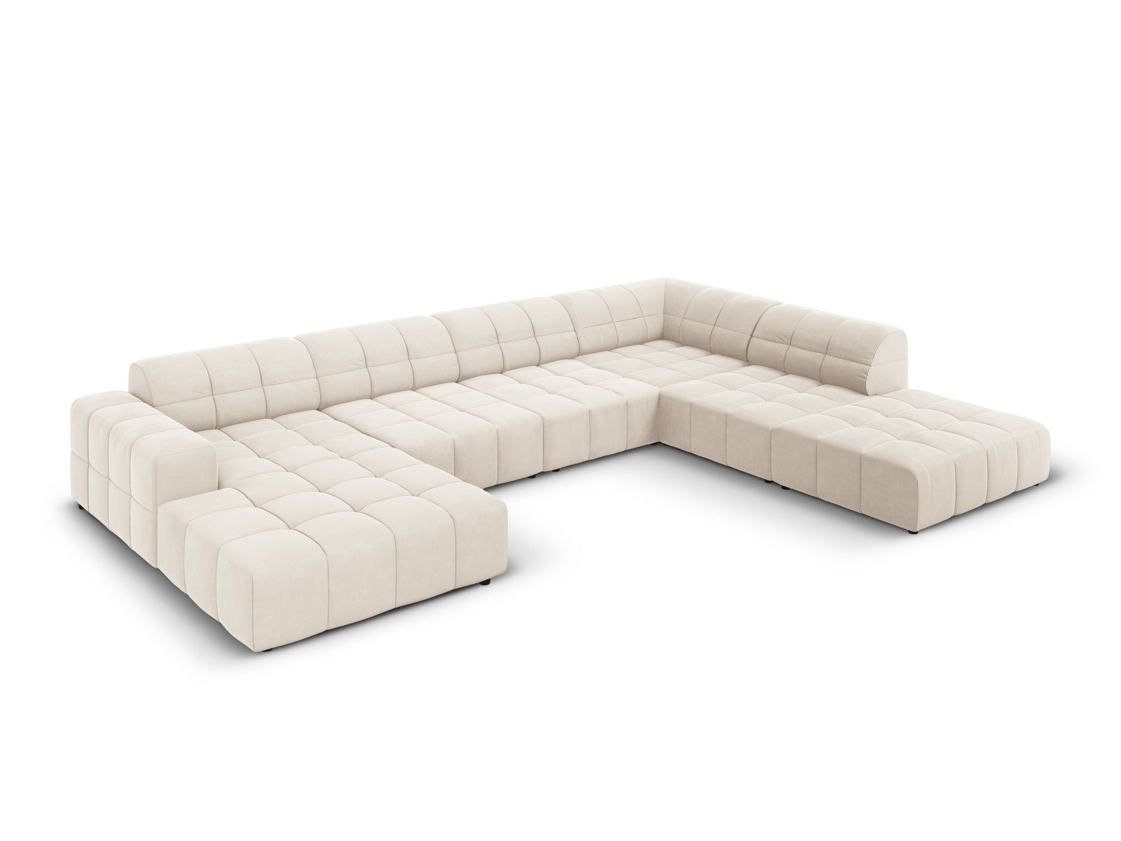 Elegantes Chicago Velour Panoramic Ecksofa in Light Beige, 7-Sitzer, 262 cm, ideal für stilvolle Wohnräume, präsentiert von Cosmopolitan Design.