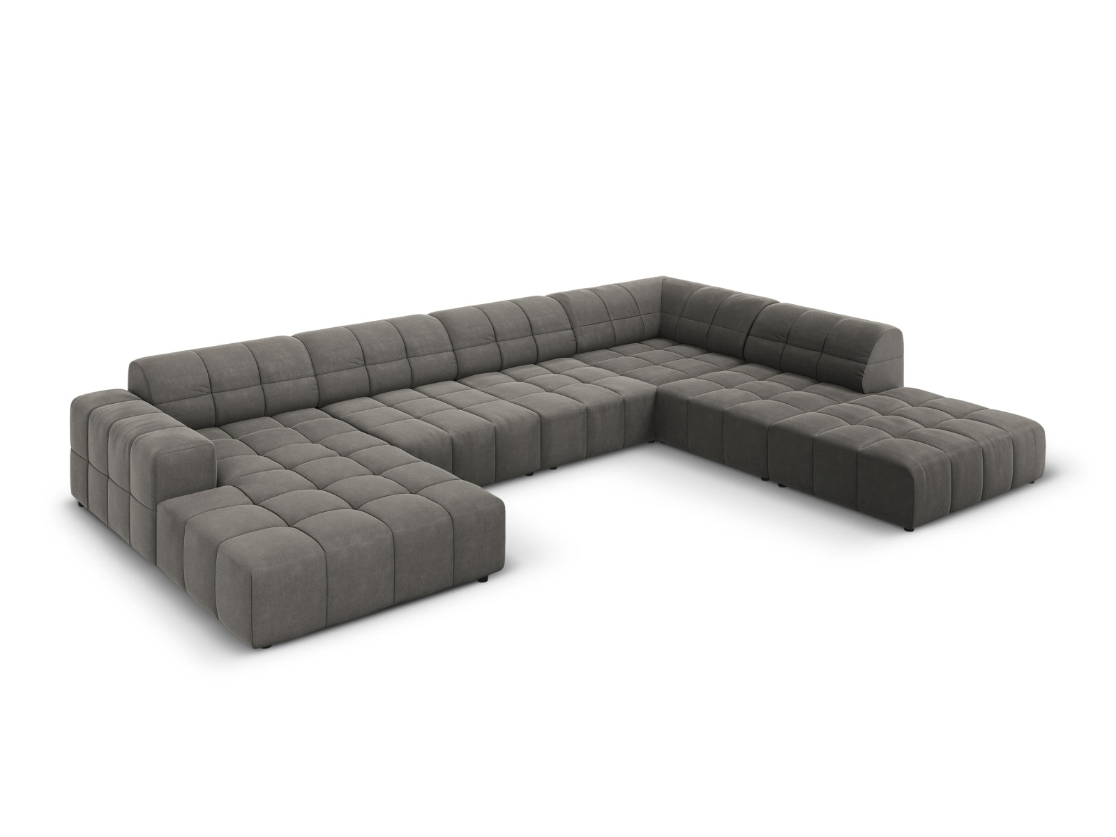 Elegantes Chicago Velour Panoramic Ecksofa in Hellgrau, 7-Sitzer, 262 cm, ideal für stilvolle Wohnräume, präsentiert von Cosmopolitan Design.